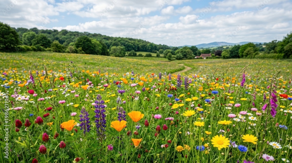 Obraz premium A vibrant wildflower meadow stretches across a rolling hillside under a bright blue sky dotted with fluffy white clouds.