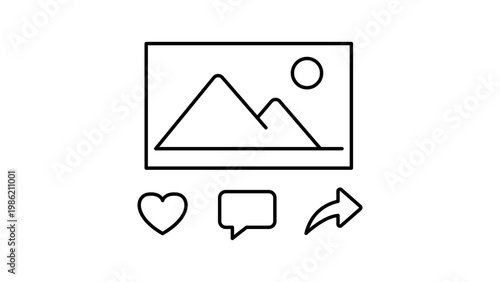Minimalist black line vector icon illustration of a social media photo post with engagement symbols including heart like, comment bubble, and share arrow on a white background, scalable SVG art.