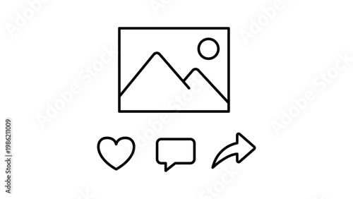 Minimalist black line vector icon illustration of a social media post featuring a photo frame with mountains and sun, plus heart like, comment bubble, and share arrow icons on white background.