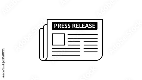 Minimalist black line vector icon illustration of a folded newspaper with PRESS RELEASE headline, text columns, and layout, isolated on white background for media and news communication.