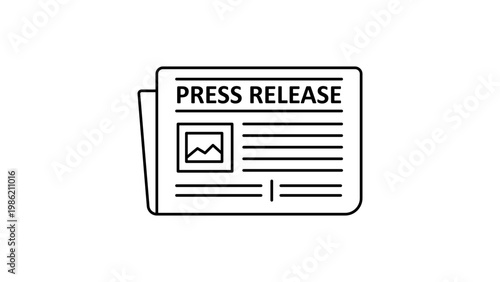 Press release vector icon illustration featuring a minimalist black line outline of a folded newspaper with headline text, image placeholder, and article layout on a white background.