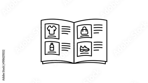 Product catalog vector icon, minimalist black line illustration of an open booklet with shopping items like clothes, shoes, and bags. Hand-drawn outline style for retail and e-commerce design.