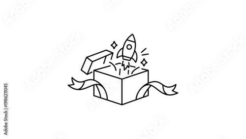 Obraz na płótnie Product launch minimalist black line vector icon featuring a rocket ship flying out of an open gift box with a ribbon, symbolizing a startup, innovation, and business growth outline illustration
