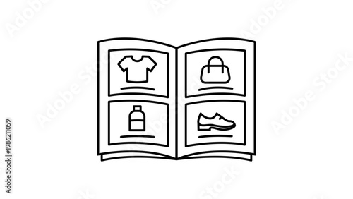Product catalog vector icon illustration, minimalist black line art of an open booklet showing various items like a t-shirt, bag, bottle, and shoe, isolated on a white background for design.