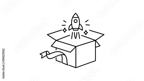Minimalist black line vector icon illustration of a rocket ship launching from an open cardboard box with a ribbon, representing a product launch, startup innovation, and business growth.
