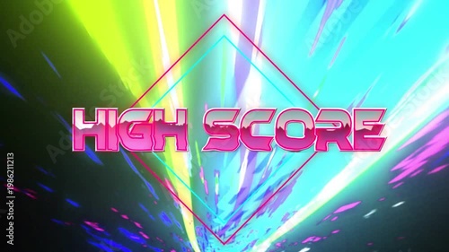 Vertical video: Pink HIGH SCORE snapping center neon shape drawing rays rushing showing retro vibe