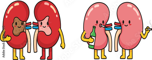 Cartoon Illustration of Kidney Organs Engaging in Unhealthy Habits, Eating Junk Food and Smoking, Health Awareness