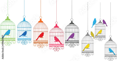 Colorful Birdcages with Birds in Various Bright Colors, Minimalist Vector Illustration for Home Decor, Nature, and Wildlife Designs