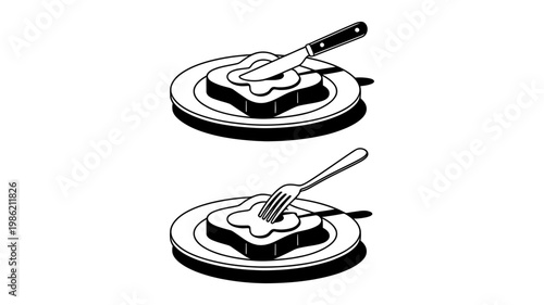 Graphic illustrations show a piece of toast on a plate, being prepared with butter or eaten with a fork.