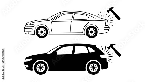 A hammer graphically impacting the rear of a white sedan and a black hatchback vehicle.