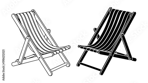 A pair of traditional striped deck chairs, one in outline and one in solid black fill.