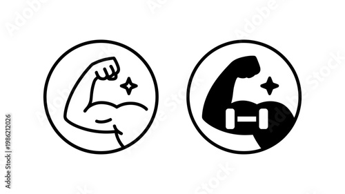 Two dynamic icons showing a flexing bicep with a dumbbell and sparkle, representing intense gym weightlifting.