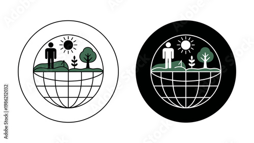 Circular icons portraying environmental stewardship and sustainable living, rendered in outline and solid black.