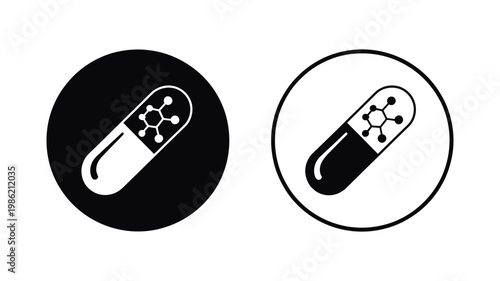 Circular icons featuring a pharmaceutical capsule with a molecular structure, representing medicine and science.