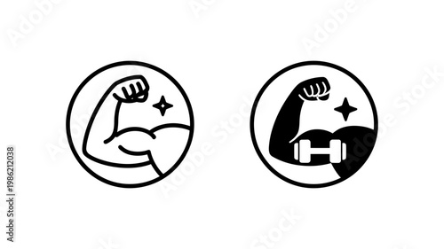 Two distinct graphic icons showcasing a flexing bicep with a sparkle, symbolizing strength and personal achievement.
