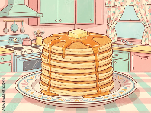 Tall pancake stack with syrup in a vintage kitchen illustration