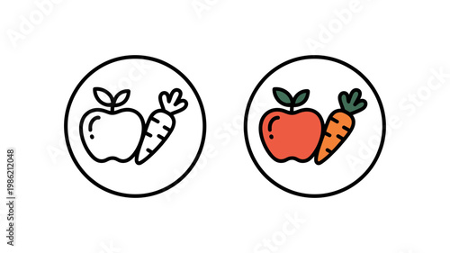 A set of two appealing icons featuring an apple and a carrot, symbolizing healthy nutrition and fresh produce.