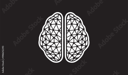 Artificial intelligence brain vector icon, digital neural network human brain illustration, white geometric mind symbol on black background