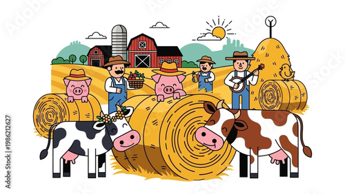 Farmers and Cows in Hayfield Scene.