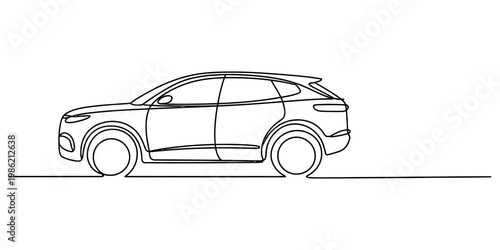 Minimalist one line drawing of a crossover suv vehicle profile on a white background Vector, illustration