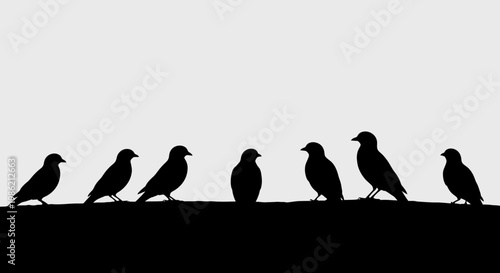 Silhouettes of Seven Birds Perched in a Row Against a Plain Background
