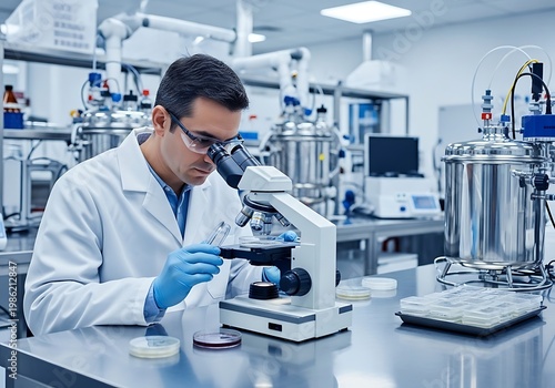 Scientist in lab coat working with microscope and petri dishes in laboratory