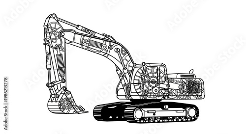 A black and white illustration of an excavator machine.