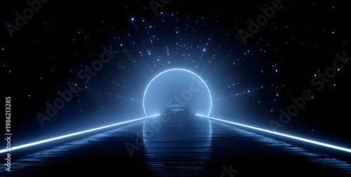 Futuristic portal gateway with glowing neon blue circle and lines on wet reflective surface under starry night sky and subtle cosmic background