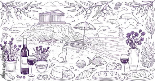 Purple Outline Greek Culture Beach Scene Food Wine Landmark Doodle Vector Illustration Isolated Background