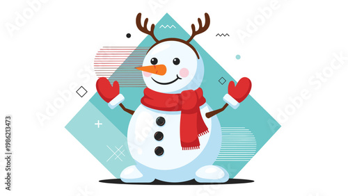 Joyful winter illustration of a happy snowman wearing reindeer antlers, a red scarf, and red mittens in a modern geometric background.