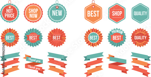 Set of Colorful Vintage Badges, Banners, and Ribbons with Discount and Quality Labels for Sale, Shopping, and Promotions