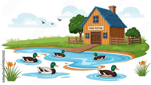 Ducks Swimming in Pond near Cottage.