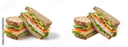 Fresh turkey sandwich on whole grain bread, healthy deli club sandwich with avocado and cheese, nutritious lunch meal isolated on white background