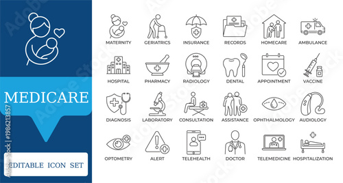 Medicare and Healthcare Service Icons. Featuring telemedicine, elderly care, dental, hospital, and emergency symbols. Professional linear vector set for health insurance and apps