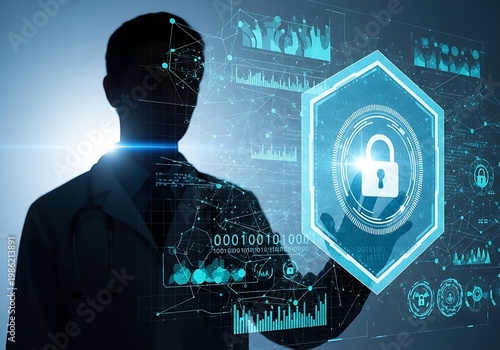 Silhouette of doctor with digital lock and medical data visualization