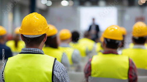Construction workers in safety gear attending on-site meeting or training session, representing workplace coordination and education.