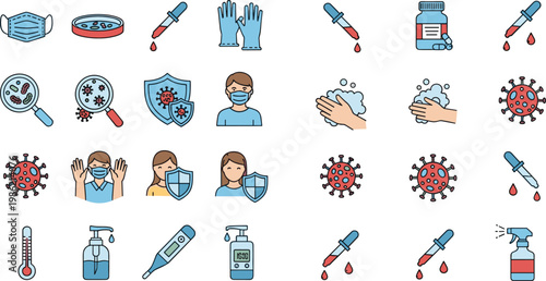 Set of Vector Icons for Covid-19 Prevention, Health and Safety Measures, Including Mask, Hand Hygiene, and Medical Supplies
