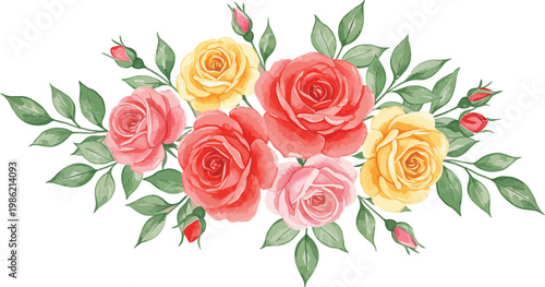 A beautiful vintage floral illustration featuring a bunch of pink rose blossoms and green leaves, perfect for a wedding greeting card or nature-inspired decorative pattern design