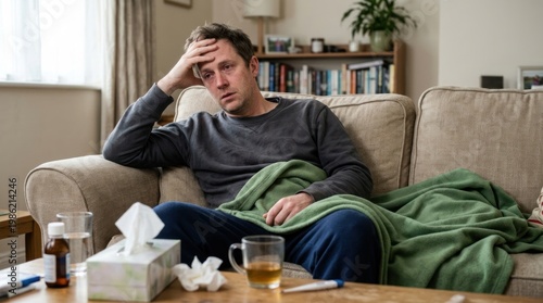 A man sits slumped on a sofa, looking unwell. He rests his head on his hand, holding a tissue and a box of tissues.