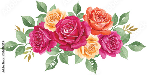 A beautiful vintage floral illustration featuring a bunch of pink rose blossoms and green leaves, perfect for a wedding greeting card or nature-inspired decorative pattern design