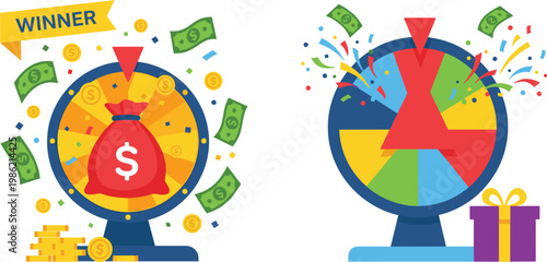 Vector Illustration of a Prize Wheel with Money and Gifts, Winner Concept for Contests, Raffles, and Luck Draws