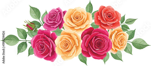 A beautiful vintage floral illustration featuring a bunch of pink rose blossoms and green leaves, perfect for a wedding greeting card or nature-inspired decorative pattern design
