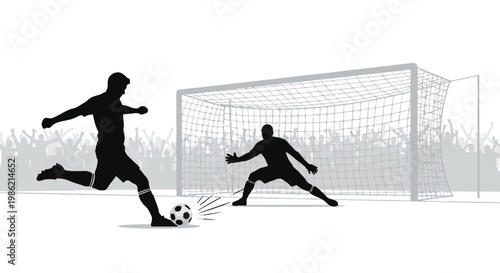 Silhouette of soccer player kicking ball with goalkeeper diving to block