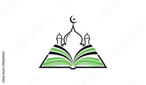 Islamic education symbol open book with mosque silhouette representing knowledge and faith