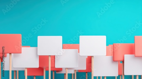 Social justice visual concept, A collection of blank red and white protest signs on wooden sticks against a bright blue background.