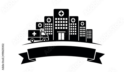 Hospital building with ambulance vector illustration healthcare and medical services symbol