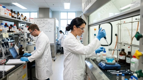 Two scientists work together in a laboratory. A man and a woman, both wearing white lab coats and safety glasses, are carefully handling chemicals and equipment.