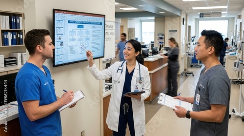 Three healthcare professionals discuss a poster displaying post-operative protocols for patient care.
