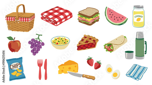 Outdoor picnic spread with assorted food and drinks in a basket, perfect for summer gatherings and outdoor dining.