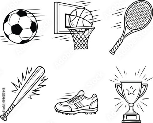 Vintage sports equipment collection isolated on transparent background soccer ball basketball tennis racket baseball bat and trophy